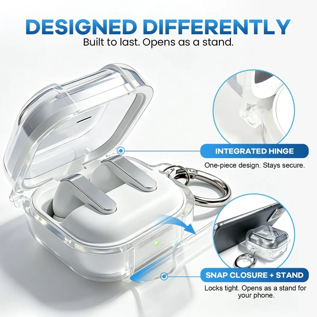 Alt view image 3 of 7 - Clear Case for Galaxy Buds 4 Pro & Samsung Galaxy Buds 4 Earbuds (2026) Secure Lock with Phone Stand Function, Shockproof TPU Transparent Protective Cover with Cleaning Pen & Wrist Strap