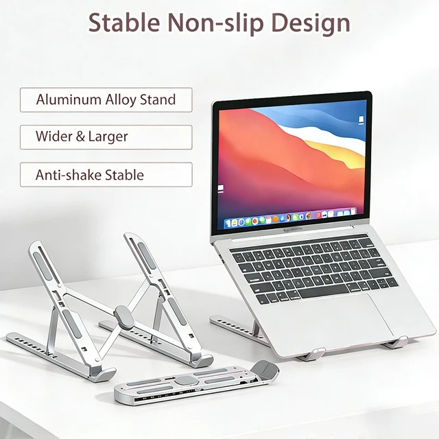 Alt view image 2 of 7 - Ergonomic Foldable Computer Stand, 10-Level Height Adjustable Aluminum Laptop Stand, Compatible with 17.3 Inch Laptops, Tablets & Drawing Tablets, for MacBook, HP, Lenovo, Dell (Silver)