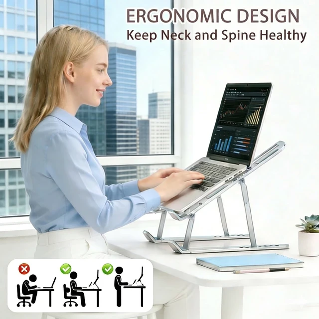 Alt view image 3 of 7 - Ergonomic Foldable Computer Stand, 10-Level Height Adjustable Aluminum Laptop Stand, Compatible with 17.3 Inch Laptops, Tablets & Drawing Tablets, for MacBook, HP, Lenovo, Dell (Silver)