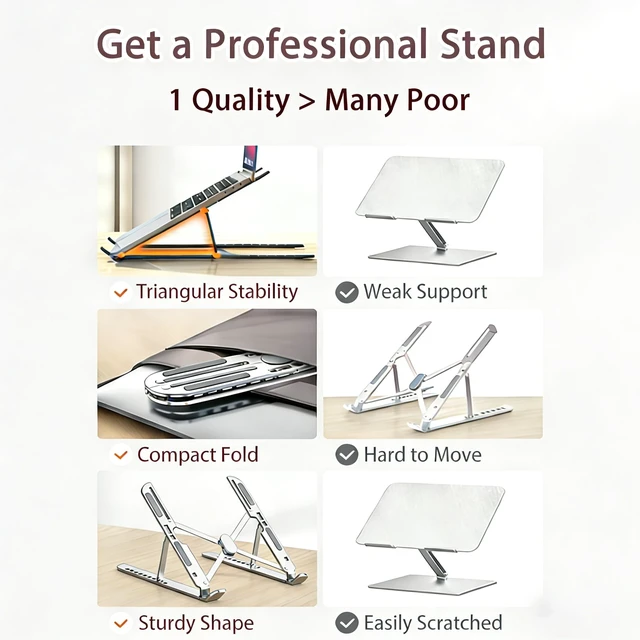 Alt view image 6 of 7 - Ergonomic Foldable Computer Stand, 10-Level Height Adjustable Aluminum Laptop Stand, Compatible with 17.3 Inch Laptops, Tablets & Drawing Tablets, for MacBook, HP, Lenovo, Dell (Silver)