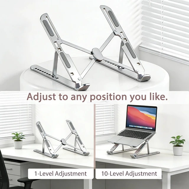 Alt view image 7 of 7 - Ergonomic Foldable Computer Stand, 10-Level Height Adjustable Aluminum Laptop Stand, Compatible with 17.3 Inch Laptops, Tablets & Drawing Tablets, for MacBook, HP, Lenovo, Dell (Silver)
