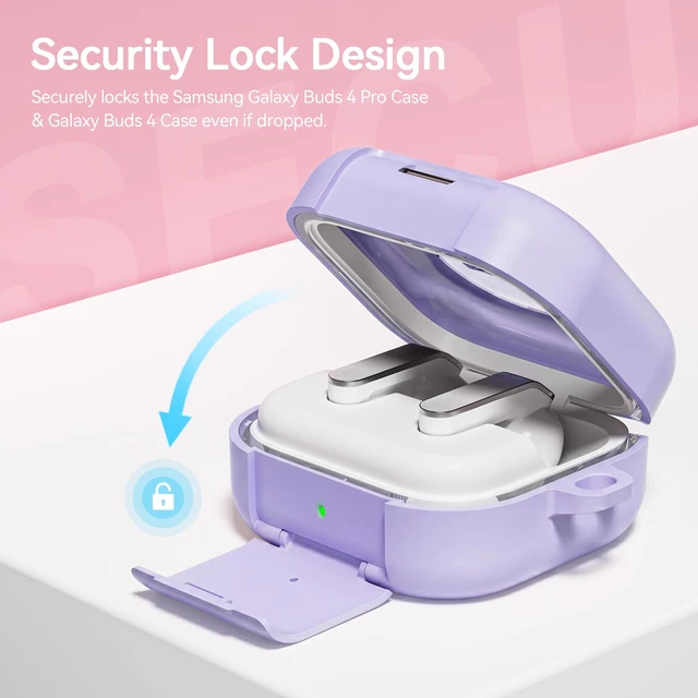 Alt view image 4 of 7 - for Samsung Galaxy Buds 4 Pro Case/Buds 4 Case (2026) Cute Keychain, Purple Secure Lock Galaxy Buds4 Pro Case with Phone Stand & Cleaner Kit, Clear TPU Cover Accessories for Women Girls
