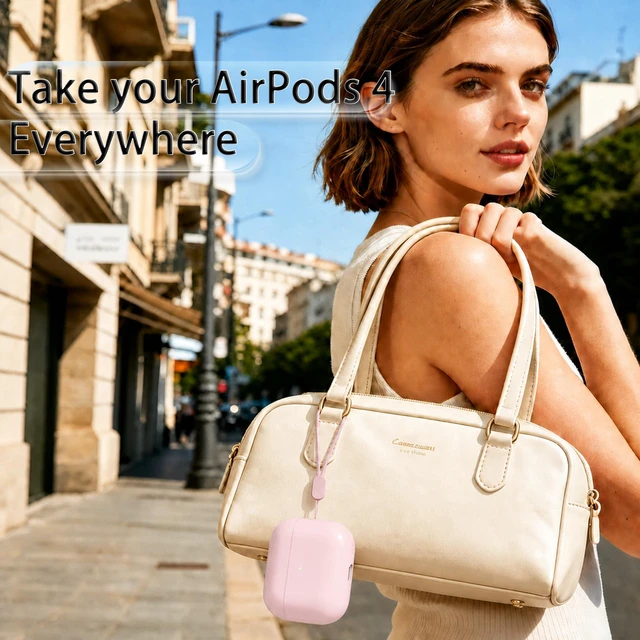 Alt view image 6 of 6 - Case for AirPods 4 Never-Sretch-Out Shock-Proof Protective Semi Hard Silicone Case with Lanyard for Apple Airpods 4th Generation (Pink)