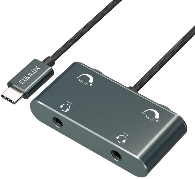 Main image of USB C Dual Headset Adapter with Volume Control, Type C 2 TRRS Microphone Connector, Headphones Splitter for 2 People, Compatible Phone, Tablet PC, More