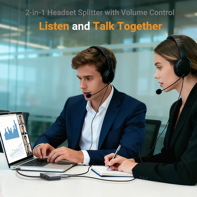 Alt view image 2 of 6 - USB C Dual Headset Adapter with Volume Control, Type C 2 TRRS Microphone Connector, Headphones Splitter for 2 People, Compatible Phone, Tablet PC, More