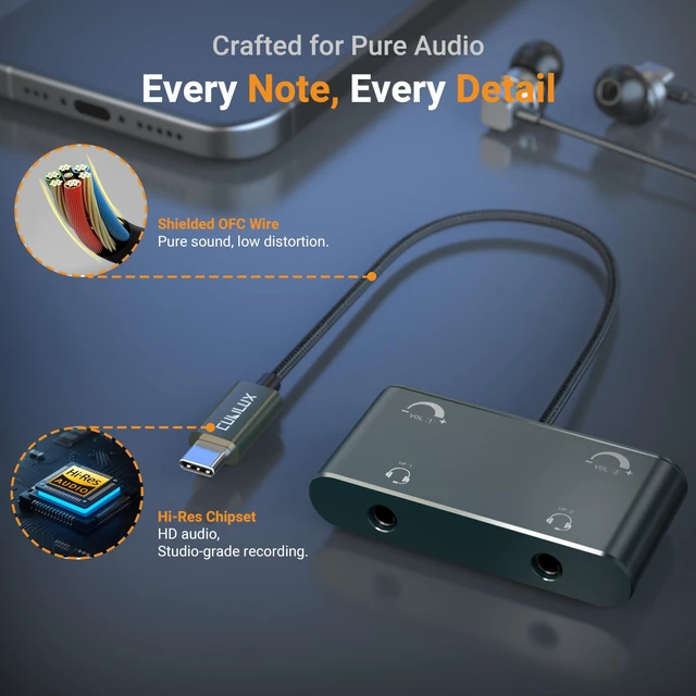 Alt view image 5 of 6 - USB C Dual Headset Adapter with Volume Control, Type C 2 TRRS Microphone Connector, Headphones Splitter for 2 People, Compatible Phone, Tablet PC, More