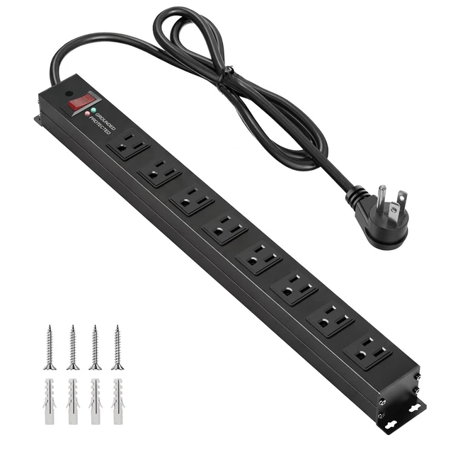 Main image of Heavy Duty 8 Outlets Metal Surge Protector Power Strip 2000J, 3FT Wall Mount, 1.6In Wide Spacing, Flat Plug, Black, 15A/1875W, 14AWG Cord for Garage Workshop Home Office