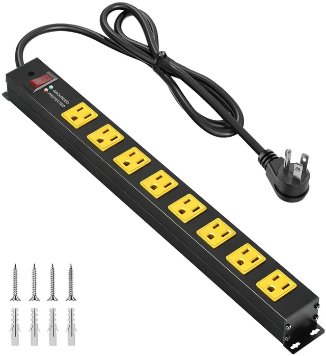 Main image of Heavy Duty 8 Outlets Metal Surge Protector Power Strip 2000J, 3FT Wall Mount, Wide Spacing, Flat Plug, Black Housing Yellow Outlets, 15A/1875W, 14AWG Cord for Garage Workshop Home Office