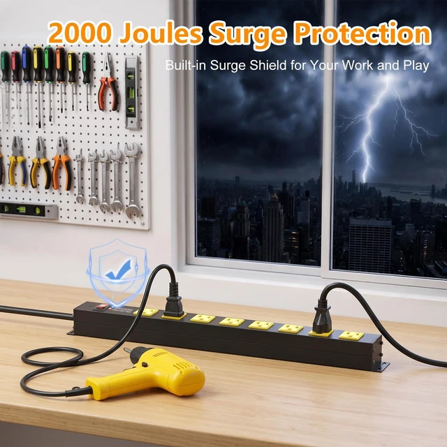 Alt view image 2 of 7 - Heavy Duty 8 Outlets Metal Surge Protector Power Strip 2000J, 3FT Wall Mount, Wide Spacing, Flat Plug, Black Housing Yellow Outlets, 15A/1875W, 14AWG Cord for Garage Workshop Home Office
