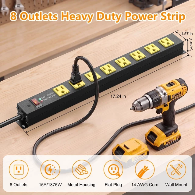 Alt view image 3 of 7 - Heavy Duty 8 Outlets Metal Surge Protector Power Strip 2000J, 3FT Wall Mount, Wide Spacing, Flat Plug, Black Housing Yellow Outlets, 15A/1875W, 14AWG Cord for Garage Workshop Home Office