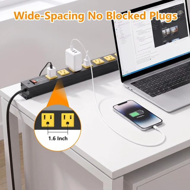 Alt view image 4 of 7 - Heavy Duty 8 Outlets Metal Surge Protector Power Strip 2000J, 3FT Wall Mount, Wide Spacing, Flat Plug, Black Housing Yellow Outlets, 15A/1875W, 14AWG Cord for Garage Workshop Home Office