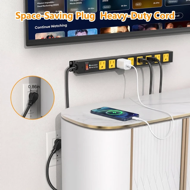 Alt view image 6 of 7 - Heavy Duty 8 Outlets Metal Surge Protector Power Strip 2000J, 3FT Wall Mount, Wide Spacing, Flat Plug, Black Housing Yellow Outlets, 15A/1875W, 14AWG Cord for Garage Workshop Home Office