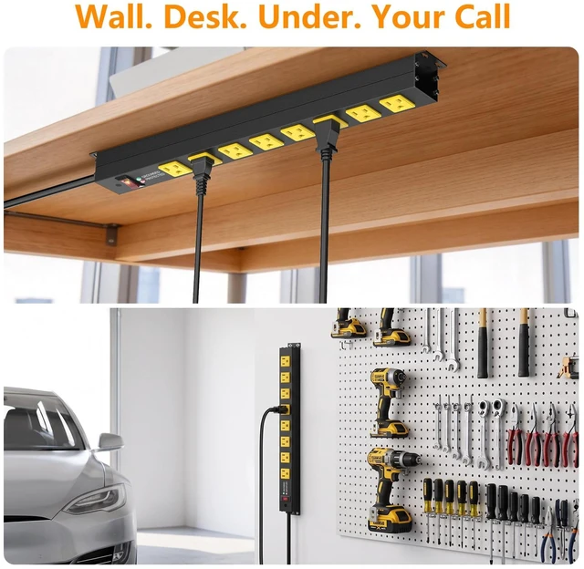 Alt view image 7 of 7 - Heavy Duty 8 Outlets Metal Surge Protector Power Strip 2000J, 3FT Wall Mount, Wide Spacing, Flat Plug, Black Housing Yellow Outlets, 15A/1875W, 14AWG Cord for Garage Workshop Home Office