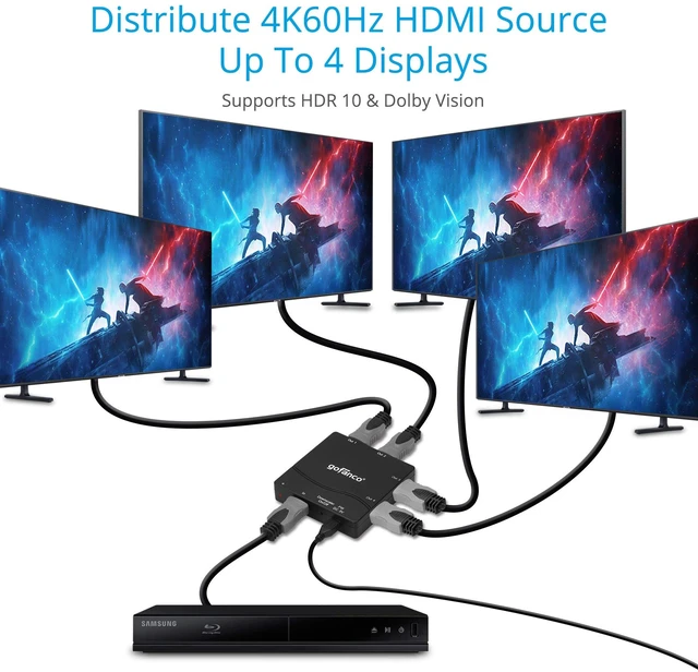 Alt view image 3 of 7 - Compact 1x4 HDMI Splitter 4K60Hz HDR (Splitter4P-HD20) 4K60Hz 4:4:4, 18Gbps, 4K to 1080p Scaling, HDR10, Supports Dolby Vision, HDCP 2.2, 3D, 4 Port, 1 in 4 Out