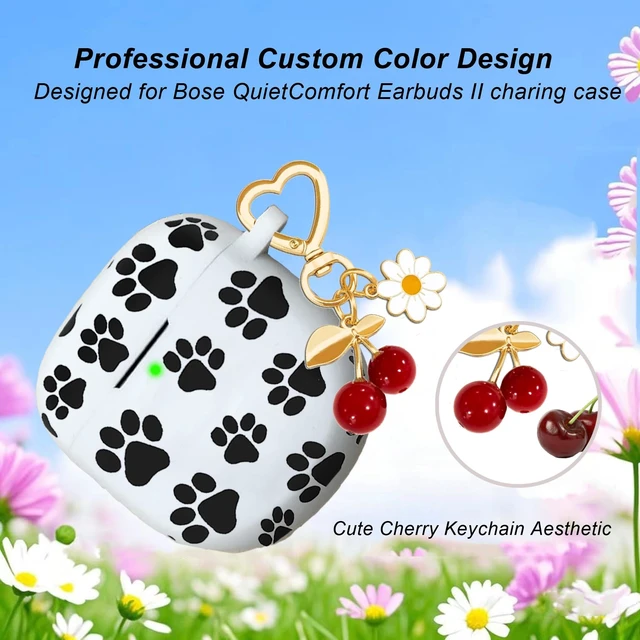 Alt view image 5 of 7 - Protective Case for Bose QuietComfort Earbuds II 2022/ QuietComfort Ultra 2023 with Cute Cherry Charm Keychain, Soft Silicone Protective Case for Bose QC ii 2 Earbuds Charging Case Paw