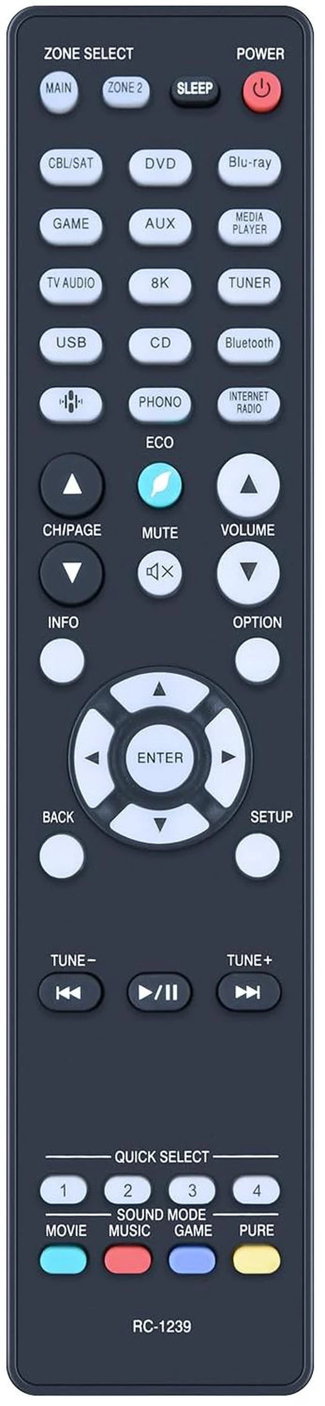Main image of RC-1239 Remote Replacement for Denon Home Theater AV Receiver Compatible Models: AVR-S740H RC-1253 AVR-S760H RC-1217 AVR-X3300W AVR-X1700H AVR-S940H DRA-800H AVR-X2200W AVR-X2700H