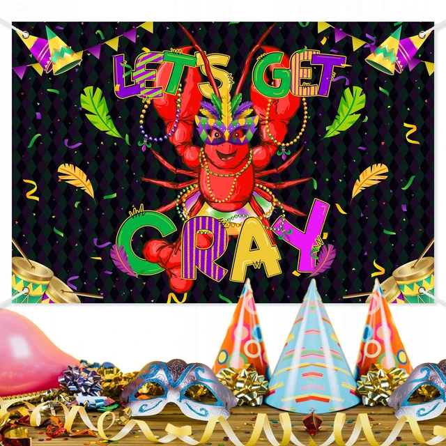 Alt view image 3 of 7 - Mardi Gras Lobster Backdrop Banner Let's Get Cray Carnival Theme Background Decor for Birthday Party Family Party Bachelor Party Holiday Celebration Party Decorations Supplies 72x43in