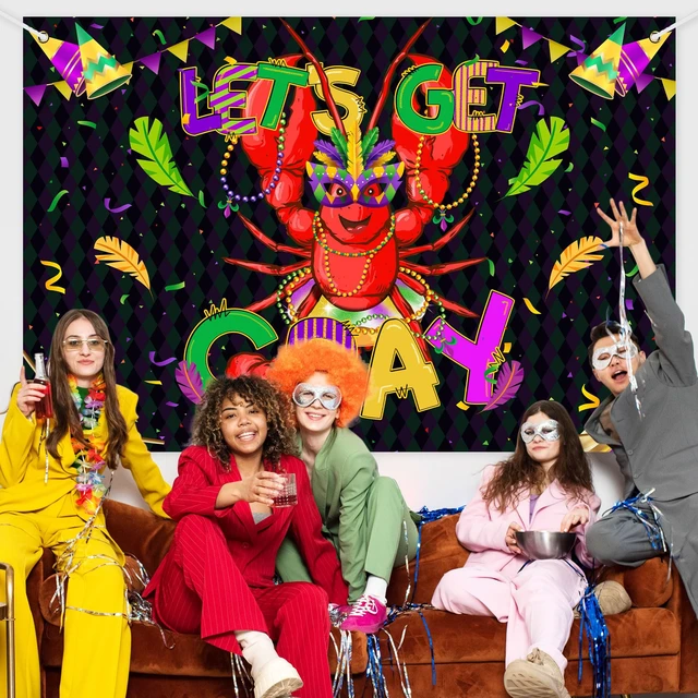 Alt view image 4 of 7 - Mardi Gras Lobster Backdrop Banner Let's Get Cray Carnival Theme Background Decor for Birthday Party Family Party Bachelor Party Holiday Celebration Party Decorations Supplies 72x43in