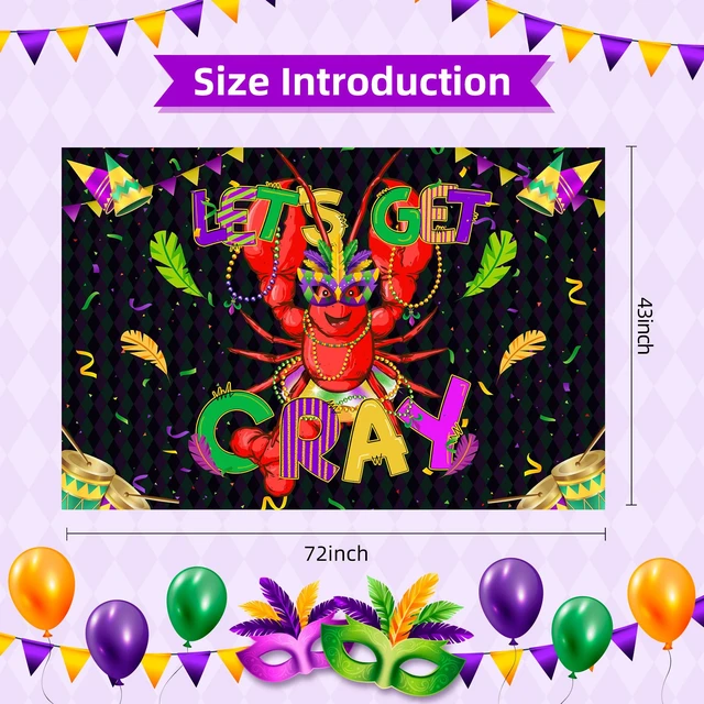 Alt view image 7 of 7 - Mardi Gras Lobster Backdrop Banner Let's Get Cray Carnival Theme Background Decor for Birthday Party Family Party Bachelor Party Holiday Celebration Party Decorations Supplies 72x43in