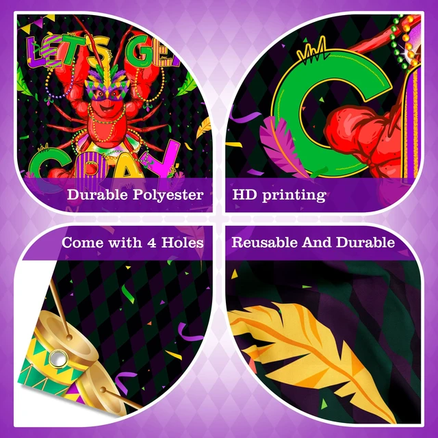 Alt view image 6 of 7 - Mardi Gras Lobster Backdrop Banner Let's Get Cray Carnival Theme Background Decor for Birthday Party Family Party Bachelor Party Holiday Celebration Party Decorations Supplies 72x43in