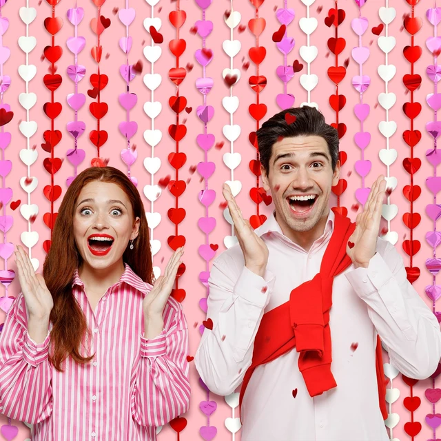 Alt view image 2 of 7 - Valentines Decorations, 2 Pack Valentines Party Decoration,3.3x6.6ft Red, Pink, White Heart Shape Tinsel Foil Fringe Curtains Photo Backdrop,Streamer Backdrop for Birthday,Engagement,Wedding