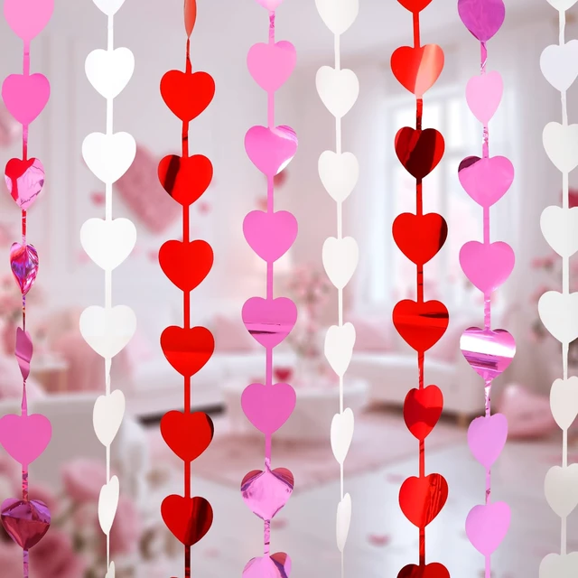 Alt view image 3 of 7 - Valentines Decorations, 2 Pack Valentines Party Decoration,3.3x6.6ft Red, Pink, White Heart Shape Tinsel Foil Fringe Curtains Photo Backdrop,Streamer Backdrop for Birthday,Engagement,Wedding