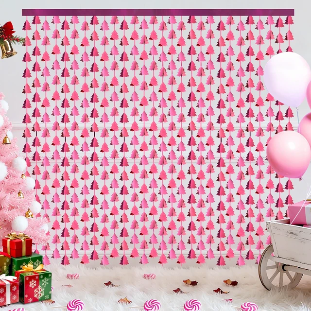 Alt view image 2 of 7 - Christmas Party Decorations, 2 Pack Christmas Tree Foil Fringe Curtains, 3.3x6.6ft Pink Tinsel Streamers Backdrop for Xmas Photo Booth Props, Winter Festival, Girl Birthday Party Decor Supplies