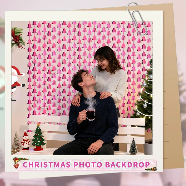 Alt view image 3 of 7 - Christmas Party Decorations, 2 Pack Christmas Tree Foil Fringe Curtains, 3.3x6.6ft Pink Tinsel Streamers Backdrop for Xmas Photo Booth Props, Winter Festival, Girl Birthday Party Decor Supplies