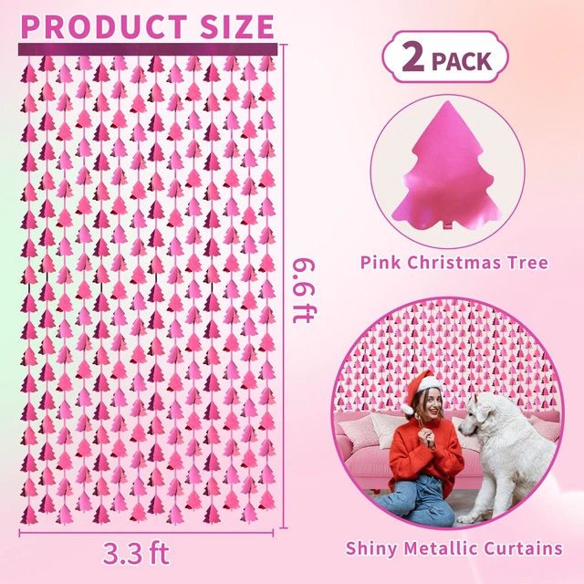 Alt view image 6 of 7 - Christmas Party Decorations, 2 Pack Christmas Tree Foil Fringe Curtains, 3.3x6.6ft Pink Tinsel Streamers Backdrop for Xmas Photo Booth Props, Winter Festival, Girl Birthday Party Decor Supplies