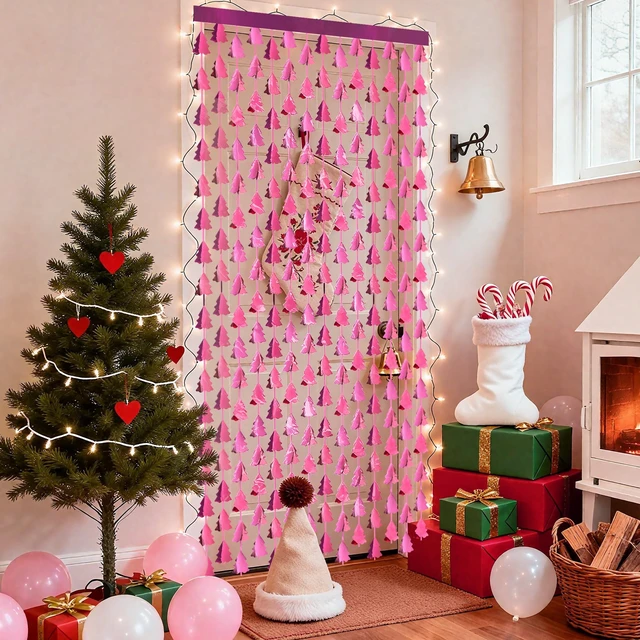 Alt view image 5 of 7 - Christmas Party Decorations, 2 Pack Christmas Tree Foil Fringe Curtains, 3.3x6.6ft Pink Tinsel Streamers Backdrop for Xmas Photo Booth Props, Winter Festival, Girl Birthday Party Decor Supplies
