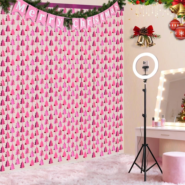 Alt view image 7 of 7 - Christmas Party Decorations, 2 Pack Christmas Tree Foil Fringe Curtains, 3.3x6.6ft Pink Tinsel Streamers Backdrop for Xmas Photo Booth Props, Winter Festival, Girl Birthday Party Decor Supplies