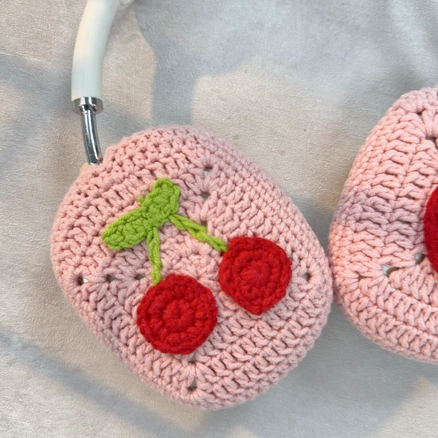 Alt view image 2 of 4 - Handmade Crochet Pink Strawberry and Cherry Headphone Cover Compatible with AirPods Max, Protective Case for Music Lovers