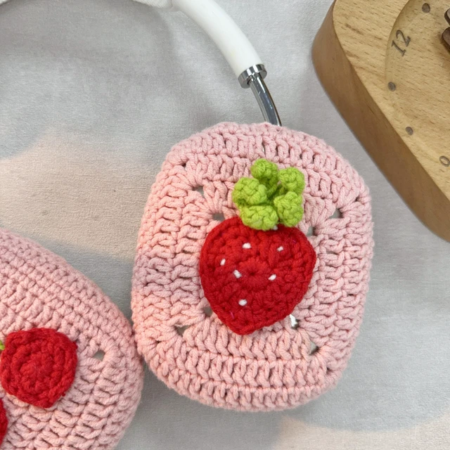 Alt view image 3 of 4 - Handmade Crochet Pink Strawberry and Cherry Headphone Cover Compatible with AirPods Max, Protective Case for Music Lovers