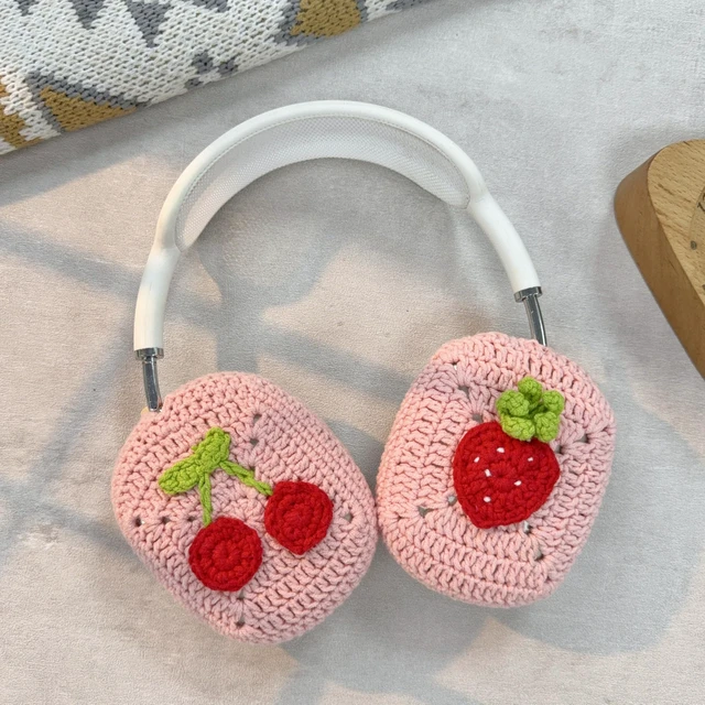 Alt view image 4 of 4 - Handmade Crochet Pink Strawberry and Cherry Headphone Cover Compatible with AirPods Max, Protective Case for Music Lovers