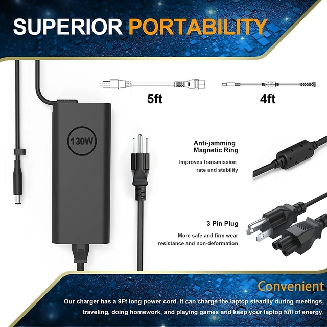 Alt view image 5 of 6 - 130W Laptop Charger Compatible with Dell XPS 15 9530 7590 9550 9560 9570 Precision M3800 5510 5520 5530 Inspiron 7347 7348 7459 HA130PM130 DA130PM130 Power Supply Cord