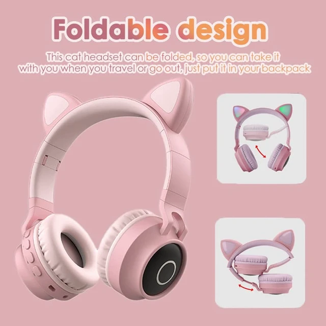 Alt view image 3 of 7 - Cat Ear Kids Bluetooth Headphones Wired with Mic for School - Wireless Boy Girls Noise Cancelling Bluetooth Headphones Foldable Children Headsets for iPad Kindle Airplane Travel Tablet (Beige Pink)
