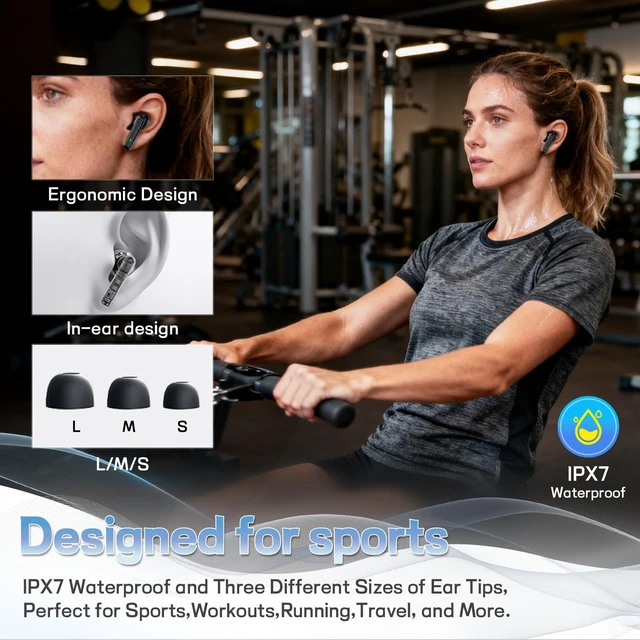 Alt view image 3 of 7 - Wireless Earbuds, Hi-Fi Stereo Sound Bluetooth Earbuds with 6-Mic ENC for Clear Calls, IPX7 Waterproof Sport, 40H Playtime with Fast Charging Case, Ergonomic Design for All-Day Comfort
