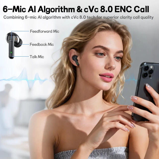 Alt view image 4 of 7 - Wireless Earbuds, Hi-Fi Stereo Sound Bluetooth Earbuds with 6-Mic ENC for Clear Calls, IPX7 Waterproof Sport, 40H Playtime with Fast Charging Case, Ergonomic Design for All-Day Comfort