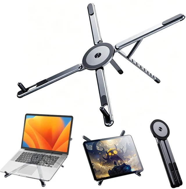 Main image of 4-in-1 Foldable Laptop Stand, Magnetic Phone Tablet Holder 8-Tier Ergonomic Lift Design, N55 Strong Magnetic, Infinite Multi-angle, Portable Pocket Size for Travel Vlog Office Zoom