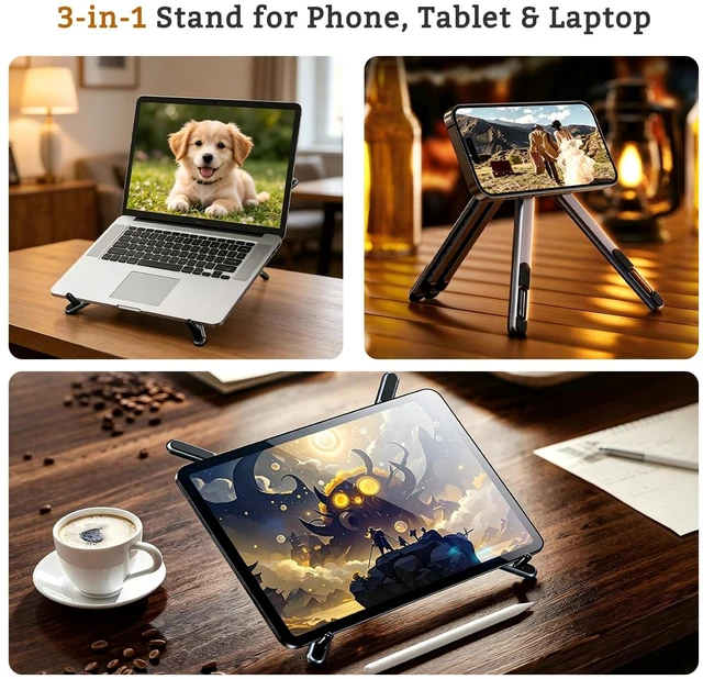 Alt view image 2 of 7 - 4-in-1 Foldable Laptop Stand, Magnetic Phone Tablet Holder 8-Tier Ergonomic Lift Design, N55 Strong Magnetic, Infinite Multi-angle, Portable Pocket Size for Travel Vlog Office Zoom