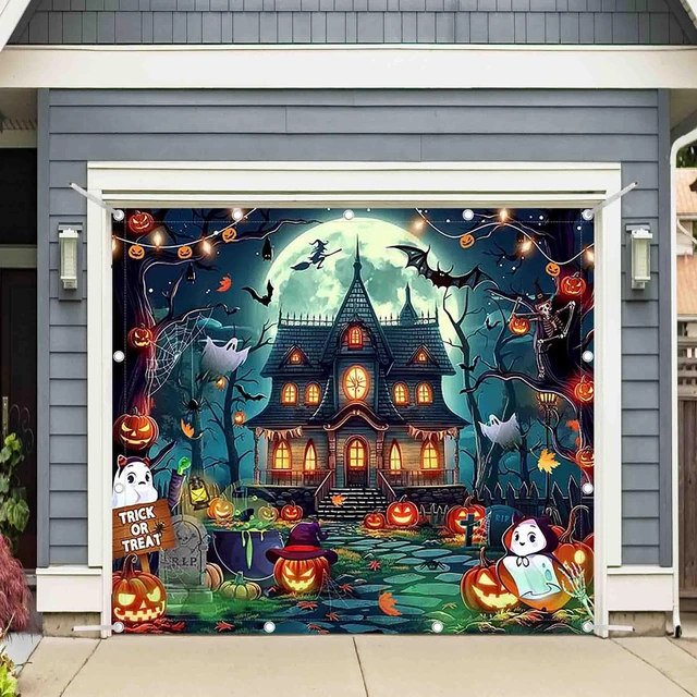Main image of 1PC 8x7ft Cartoon Halloween Castle Garage Door Banner Decorations Full Moon Night Huanted House Pumpkin Photography Backdrop, Outdoor Wall Cover, Ghost Party Supplies, Polyester, With Ribbon