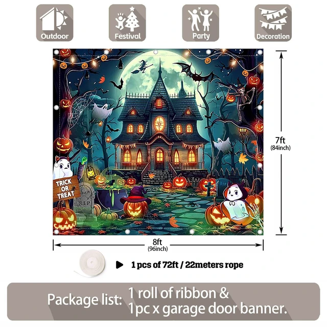 Alt view image 2 of 5 - 1PC 8x7ft Cartoon Halloween Castle Garage Door Banner Decorations Full Moon Night Huanted House Pumpkin Photography Backdrop, Outdoor Wall Cover, Ghost Party Supplies, Polyester, With Ribbon