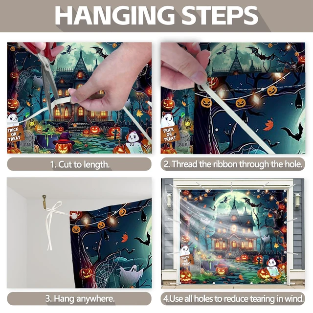 Alt view image 3 of 5 - 1PC 8x7ft Cartoon Halloween Castle Garage Door Banner Decorations Full Moon Night Huanted House Pumpkin Photography Backdrop, Outdoor Wall Cover, Ghost Party Supplies, Polyester, With Ribbon