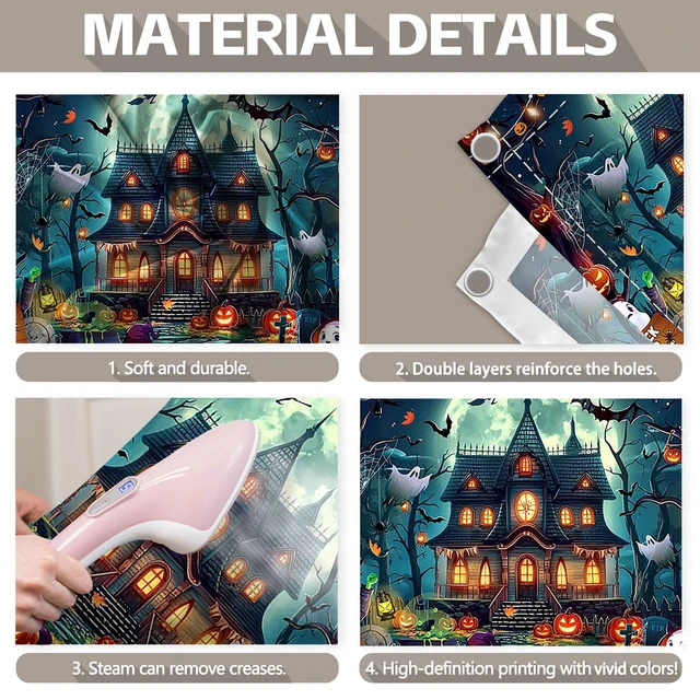 Alt view image 4 of 5 - 1PC 8x7ft Cartoon Halloween Castle Garage Door Banner Decorations Full Moon Night Huanted House Pumpkin Photography Backdrop, Outdoor Wall Cover, Ghost Party Supplies, Polyester, With Ribbon