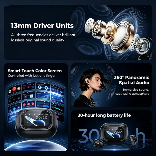 Alt view image 3 of 7 - MS126 Smart Touchscreen Wireless Earbuds, Bluetooth 6.0 Headphones, ENC Noise Canceling, Spatial Audio, 30H Playtime, in-Ear Earphones for Travel/Sports/Study/Business/Daily Life