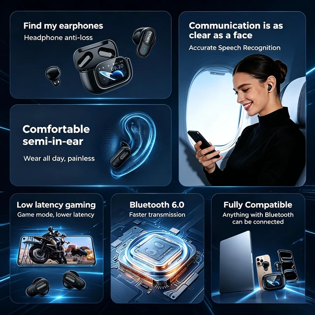 Alt view image 6 of 7 - MS126 Smart Touchscreen Wireless Earbuds, Bluetooth 6.0 Headphones, ENC Noise Canceling, Spatial Audio, 30H Playtime, in-Ear Earphones for Travel/Sports/Study/Business/Daily Life