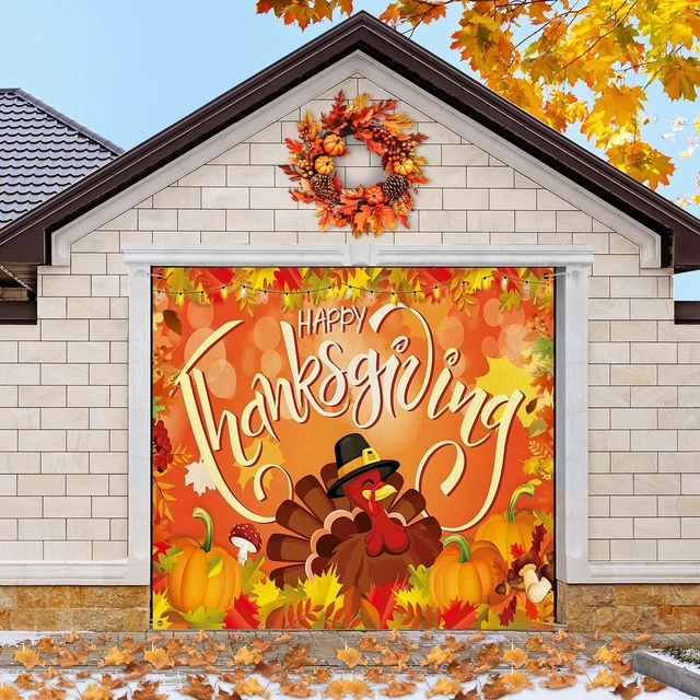 Main image of 7 x 8 ft Thanksgiving Garage Door Cover Turkey Fall Banner Fall Backdrop for House Outdoor Decor, Large Party Sign with Pumpkin Maple Leaf, String Light Print, Autumn Harvest Scene