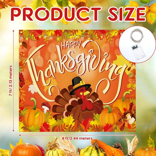 Alt view image 2 of 7 - 7 x 8 ft Thanksgiving Garage Door Cover Turkey Fall Banner Fall Backdrop for House Outdoor Decor, Large Party Sign with Pumpkin Maple Leaf, String Light Print, Autumn Harvest Scene