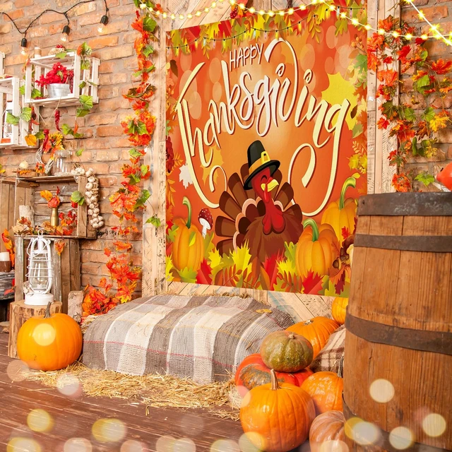 Alt view image 4 of 7 - 7 x 8 ft Thanksgiving Garage Door Cover Turkey Fall Banner Fall Backdrop for House Outdoor Decor, Large Party Sign with Pumpkin Maple Leaf, String Light Print, Autumn Harvest Scene