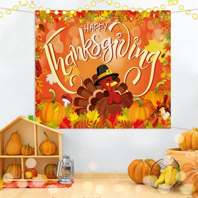 Alt view image 5 of 7 - 7 x 8 ft Thanksgiving Garage Door Cover Turkey Fall Banner Fall Backdrop for House Outdoor Decor, Large Party Sign with Pumpkin Maple Leaf, String Light Print, Autumn Harvest Scene